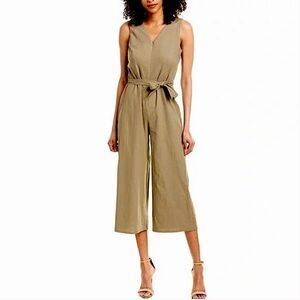 T Tahari Olive Linen Wide Leg V-Neck Belted Jumpsuit